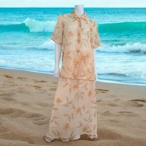Vintage Vice Versa suit floral print blouse & maxi skirt 2 pieces short sleeve